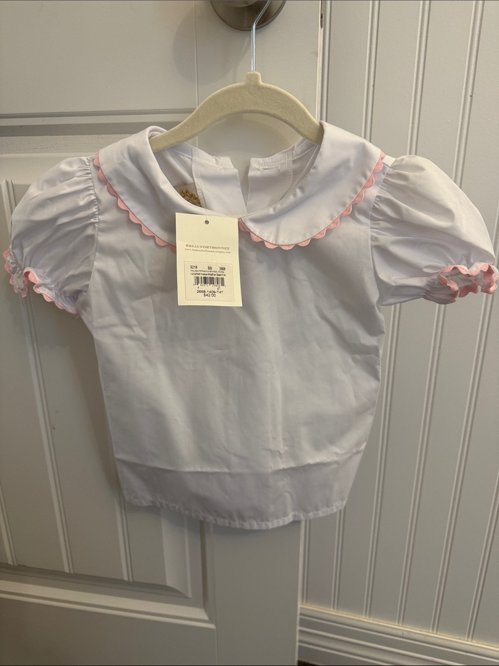 TBBC White Girls' Peter Pan Collar Top with Pink Trim
